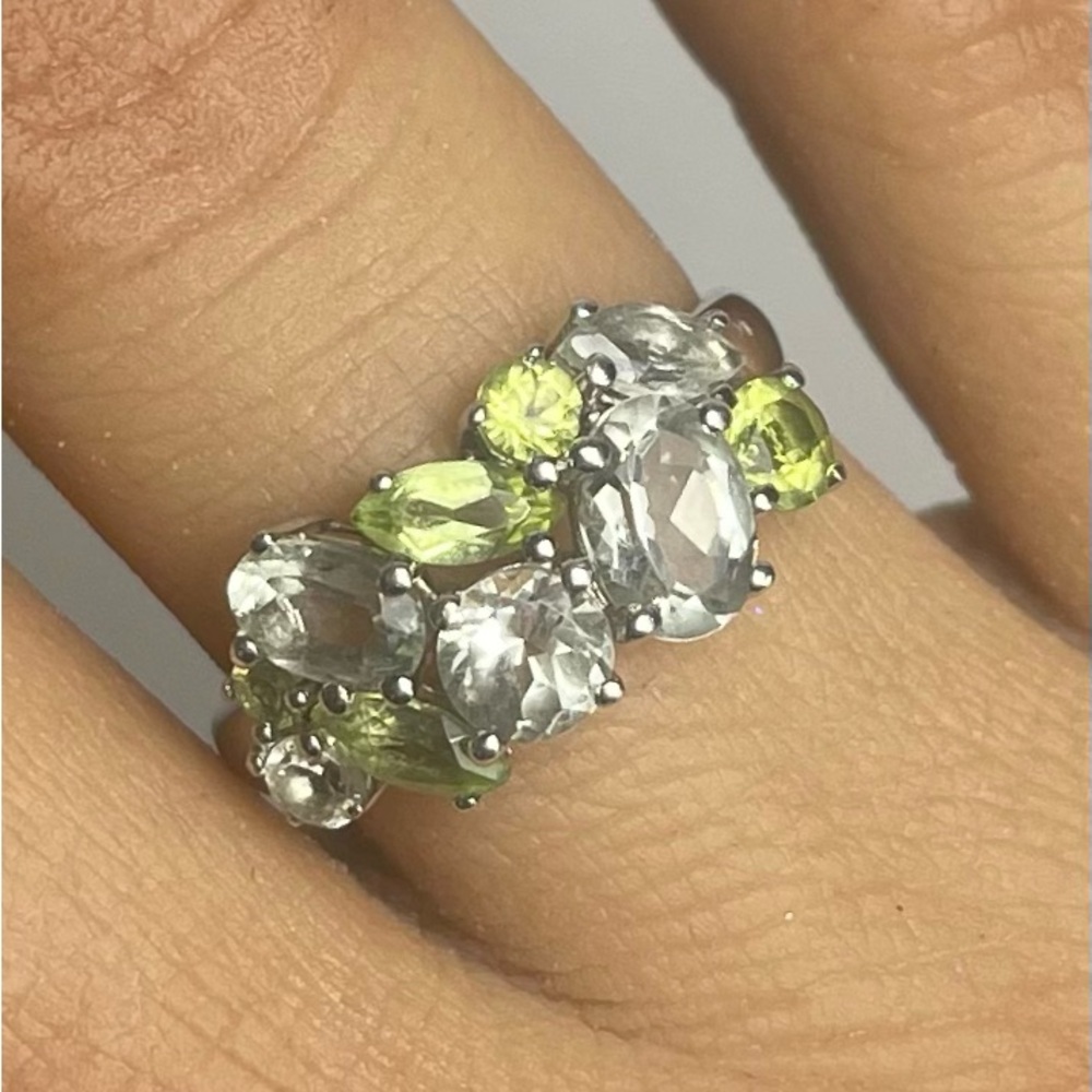 Peridot, White Topaz, Sterling Silver Cluster Band Ring